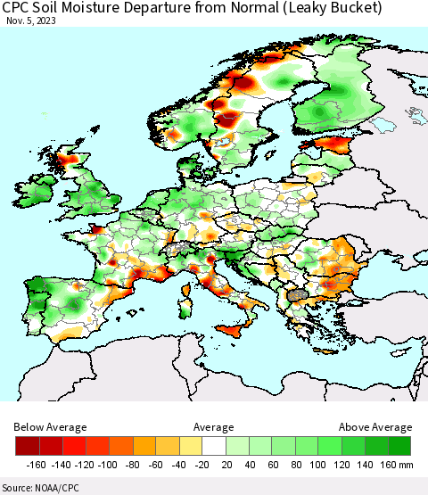 Europe CPC Soil Moisture Departure from Normal (Leaky Bucket) Thematic Map For 11/1/2023 - 11/5/2023