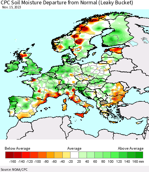 Europe CPC Soil Moisture Departure from Normal (Leaky Bucket) Thematic Map For 11/11/2023 - 11/15/2023