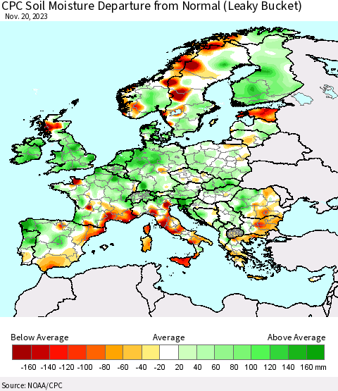Europe CPC Soil Moisture Departure from Normal (Leaky Bucket) Thematic Map For 11/16/2023 - 11/20/2023