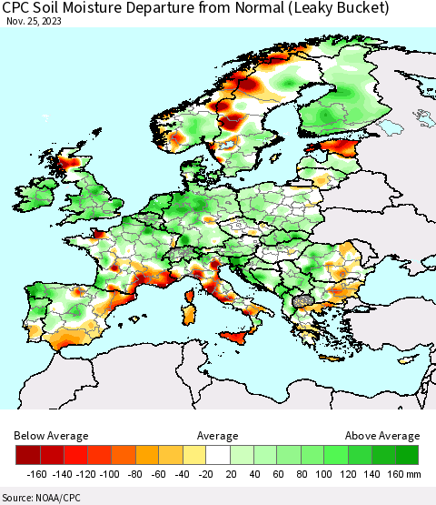 Europe CPC Soil Moisture Departure from Normal (Leaky Bucket) Thematic Map For 11/21/2023 - 11/25/2023