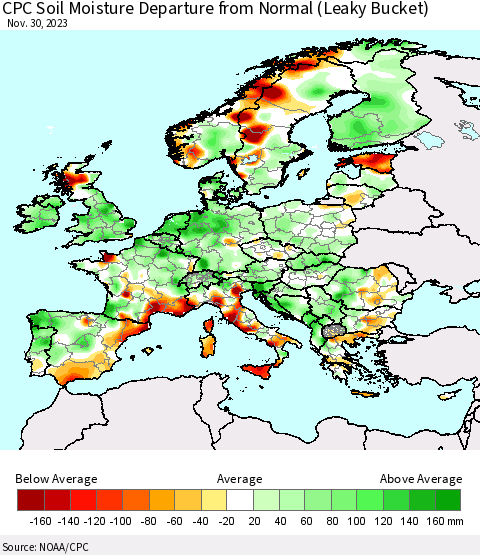 Europe CPC Soil Moisture Departure from Normal (Leaky Bucket) Thematic Map For 11/26/2023 - 11/30/2023