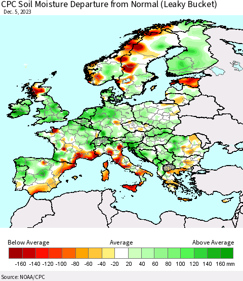 Europe CPC Soil Moisture Departure from Normal (Leaky Bucket) Thematic Map For 12/1/2023 - 12/5/2023