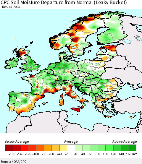 Europe CPC Soil Moisture Departure from Normal (Leaky Bucket) Thematic Map For 12/11/2023 - 12/15/2023