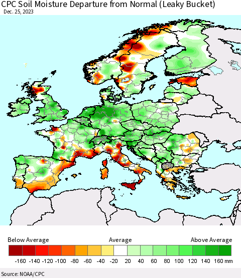 Europe CPC Soil Moisture Departure from Normal (Leaky Bucket) Thematic Map For 12/21/2023 - 12/25/2023