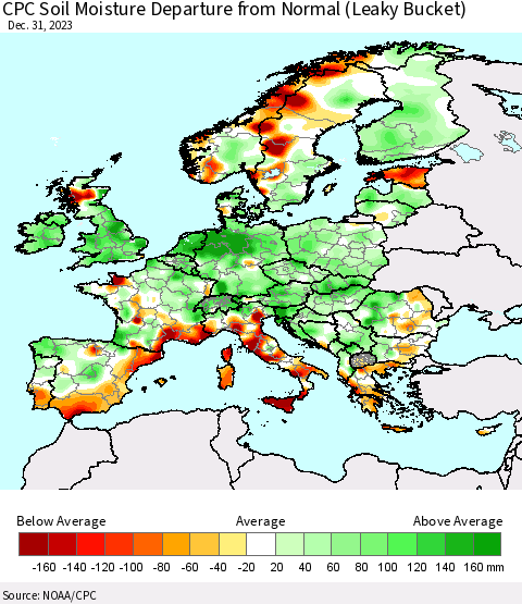 Europe CPC Soil Moisture Departure from Normal (Leaky Bucket) Thematic Map For 12/26/2023 - 12/31/2023