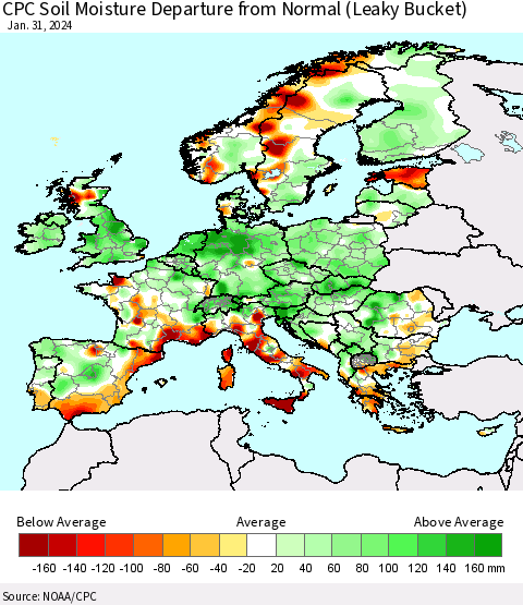 Europe CPC Soil Moisture Departure from Normal (Leaky Bucket) Thematic Map For 1/26/2024 - 1/31/2024