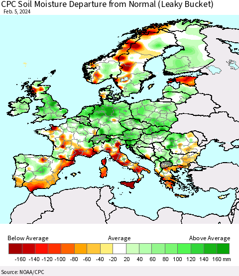 Europe CPC Soil Moisture Departure from Normal (Leaky Bucket) Thematic Map For 2/1/2024 - 2/5/2024