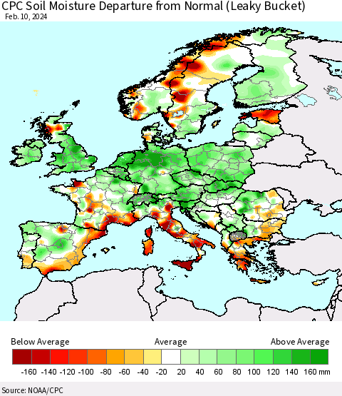 Europe CPC Soil Moisture Departure from Normal (Leaky Bucket) Thematic Map For 2/6/2024 - 2/10/2024