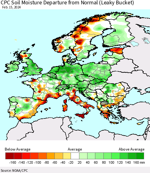 Europe CPC Soil Moisture Departure from Normal (Leaky Bucket) Thematic Map For 2/11/2024 - 2/15/2024