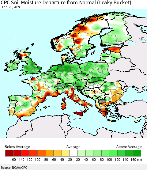 Europe CPC Soil Moisture Departure from Normal (Leaky Bucket) Thematic Map For 2/21/2024 - 2/25/2024