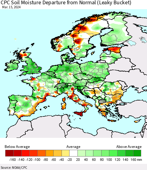 Europe CPC Soil Moisture Departure from Normal (Leaky Bucket) Thematic Map For 3/11/2024 - 3/15/2024