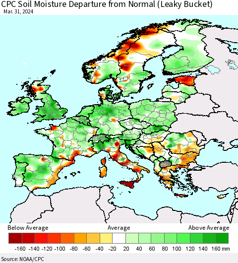 Europe CPC Soil Moisture Departure from Normal (Leaky Bucket) Thematic Map For 3/26/2024 - 3/31/2024