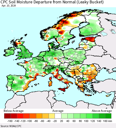 Europe CPC Soil Moisture Departure from Normal (Leaky Bucket) Thematic Map For 4/6/2024 - 4/10/2024