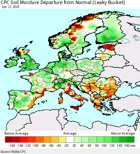 Europe CPC Soil Moisture Departure from Normal (Leaky Bucket) Thematic Map For 4/11/2024 - 4/15/2024