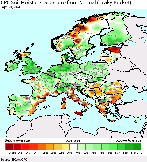 Europe CPC Soil Moisture Departure from Normal (Leaky Bucket) Thematic Map For 4/16/2024 - 4/20/2024