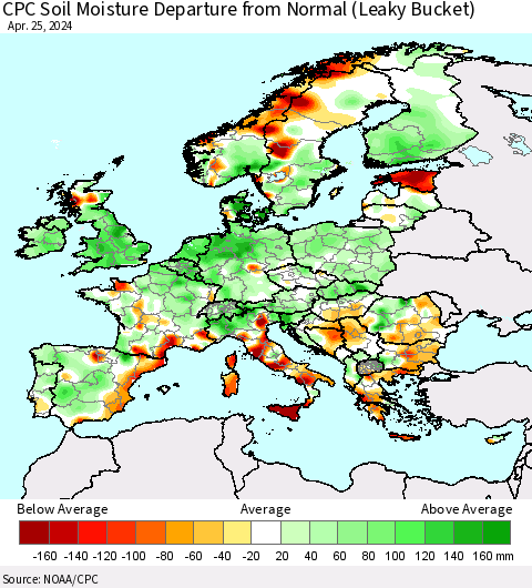 Europe CPC Soil Moisture Departure from Normal (Leaky Bucket) Thematic Map For 4/21/2024 - 4/25/2024