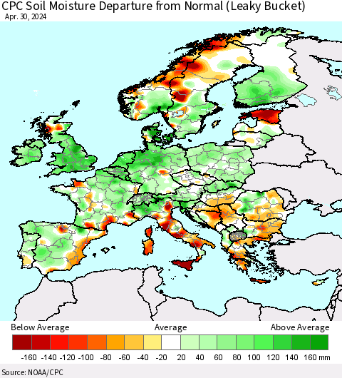 Europe CPC Soil Moisture Departure from Normal (Leaky Bucket) Thematic Map For 4/26/2024 - 4/30/2024