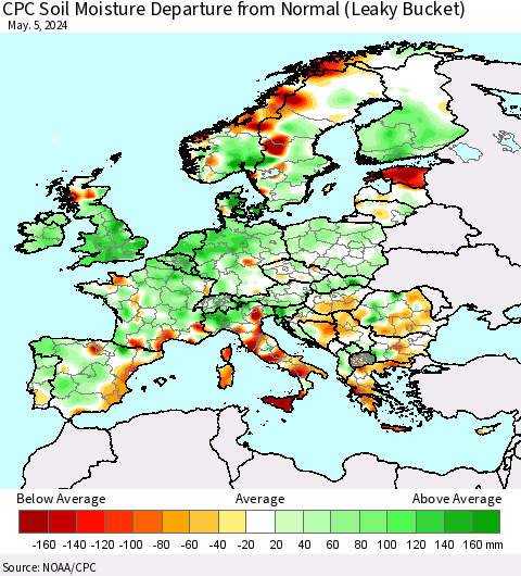 Europe CPC Soil Moisture Departure from Normal (Leaky Bucket) Thematic Map For 5/1/2024 - 5/5/2024