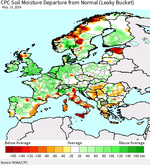 Europe CPC Soil Moisture Departure from Normal (Leaky Bucket) Thematic Map For 5/11/2024 - 5/15/2024