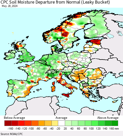 Europe CPC Soil Moisture Departure from Normal (Leaky Bucket) Thematic Map For 5/16/2024 - 5/20/2024