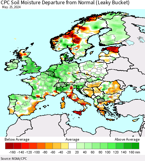 Europe CPC Soil Moisture Departure from Normal (Leaky Bucket) Thematic Map For 5/21/2024 - 5/25/2024