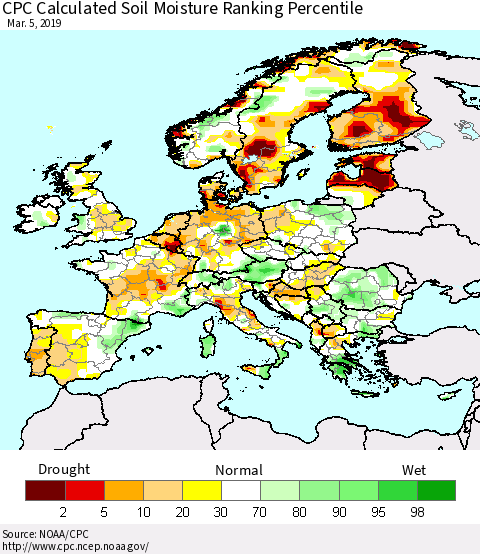 Europe CPC Soil Moisture Ranking Percentile (Leaky Bucket) Thematic Map For 3/1/2019 - 3/5/2019