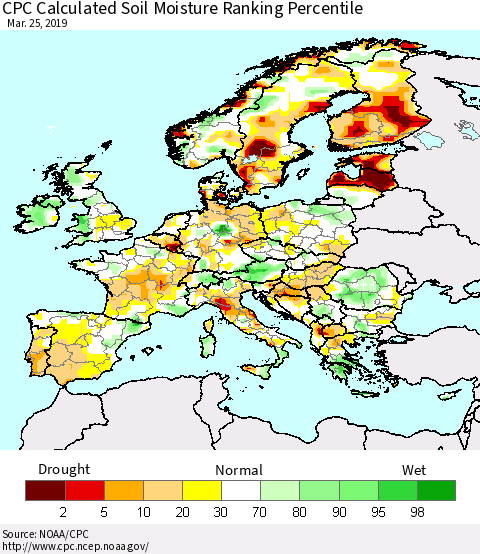 Europe CPC Soil Moisture Ranking Percentile (Leaky Bucket) Thematic Map For 3/21/2019 - 3/25/2019