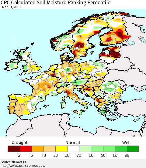 Europe CPC Soil Moisture Ranking Percentile (Leaky Bucket) Thematic Map For 3/26/2019 - 3/31/2019