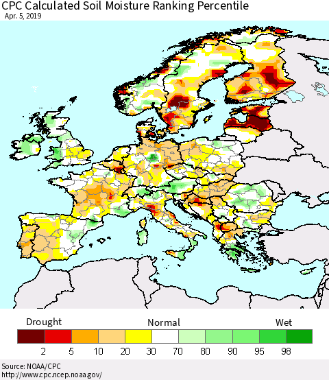 Europe CPC Soil Moisture Ranking Percentile (Leaky Bucket) Thematic Map For 4/1/2019 - 4/5/2019