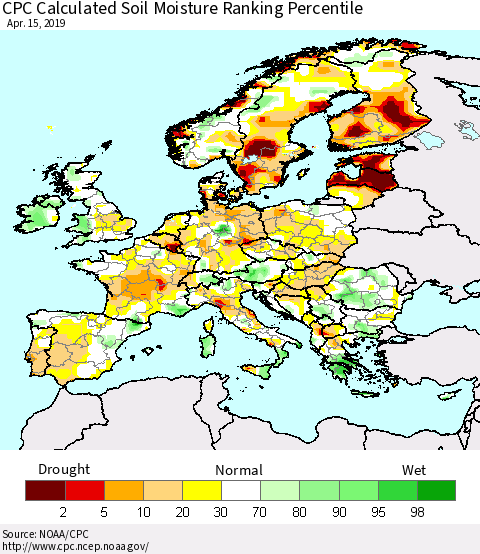 Europe CPC Soil Moisture Ranking Percentile (Leaky Bucket) Thematic Map For 4/11/2019 - 4/15/2019