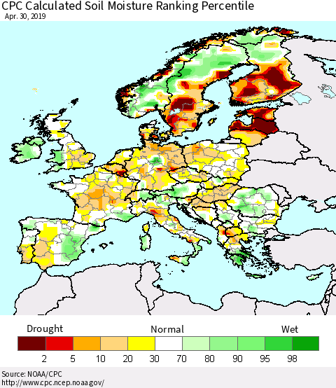 Europe CPC Soil Moisture Ranking Percentile (Leaky Bucket) Thematic Map For 4/26/2019 - 4/30/2019