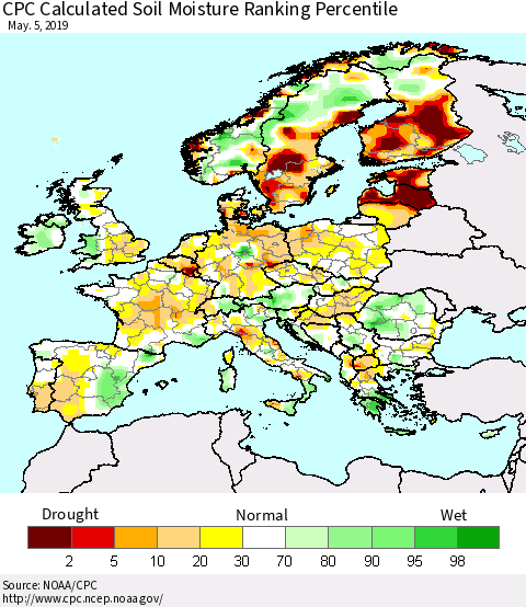 Europe CPC Soil Moisture Ranking Percentile (Leaky Bucket) Thematic Map For 5/1/2019 - 5/5/2019