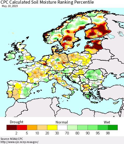 Europe CPC Soil Moisture Ranking Percentile (Leaky Bucket) Thematic Map For 5/6/2019 - 5/10/2019