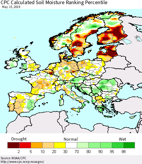 Europe CPC Soil Moisture Ranking Percentile (Leaky Bucket) Thematic Map For 5/11/2019 - 5/15/2019