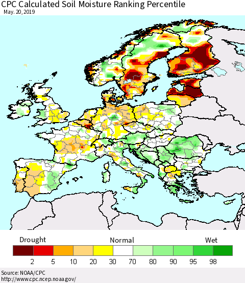 Europe CPC Soil Moisture Ranking Percentile (Leaky Bucket) Thematic Map For 5/16/2019 - 5/20/2019