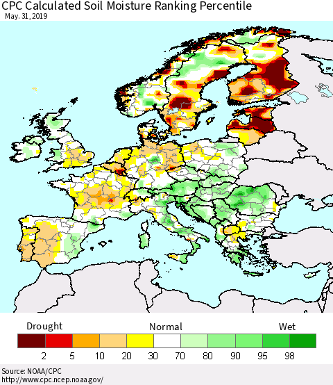 Europe CPC Soil Moisture Ranking Percentile (Leaky Bucket) Thematic Map For 5/26/2019 - 5/31/2019