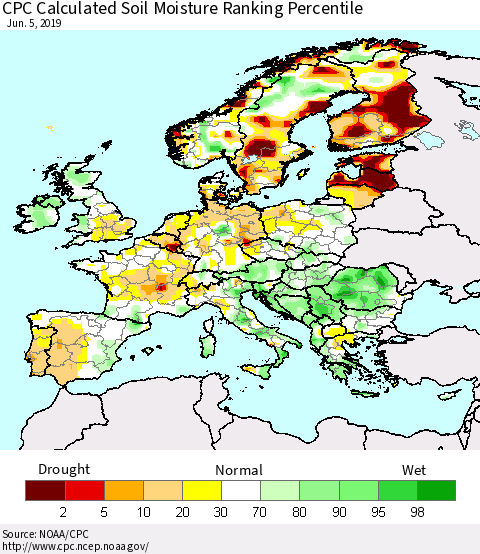 Europe CPC Soil Moisture Ranking Percentile (Leaky Bucket) Thematic Map For 6/1/2019 - 6/5/2019
