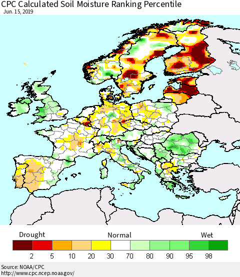 Europe CPC Soil Moisture Ranking Percentile (Leaky Bucket) Thematic Map For 6/11/2019 - 6/15/2019