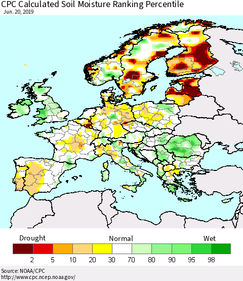 Europe CPC Soil Moisture Ranking Percentile (Leaky Bucket) Thematic Map For 6/16/2019 - 6/20/2019