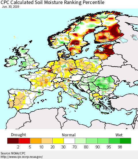 Europe CPC Soil Moisture Ranking Percentile (Leaky Bucket) Thematic Map For 6/26/2019 - 6/30/2019