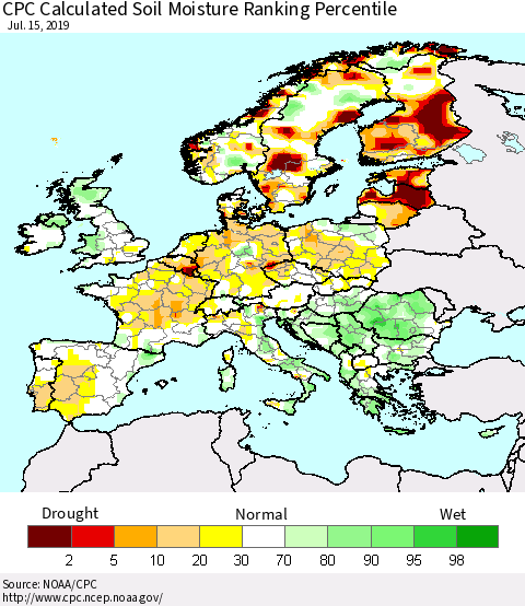 Europe CPC Soil Moisture Ranking Percentile (Leaky Bucket) Thematic Map For 7/11/2019 - 7/15/2019