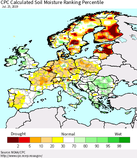 Europe CPC Soil Moisture Ranking Percentile (Leaky Bucket) Thematic Map For 7/21/2019 - 7/25/2019