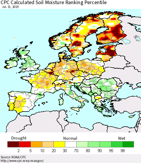 Europe CPC Soil Moisture Ranking Percentile (Leaky Bucket) Thematic Map For 7/26/2019 - 7/31/2019