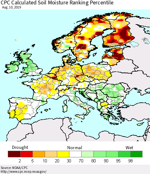 Europe CPC Soil Moisture Ranking Percentile (Leaky Bucket) Thematic Map For 8/6/2019 - 8/10/2019