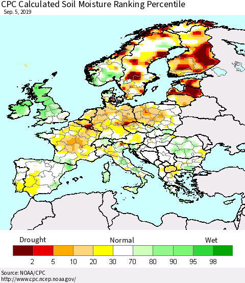 Europe CPC Soil Moisture Ranking Percentile (Leaky Bucket) Thematic Map For 9/1/2019 - 9/5/2019