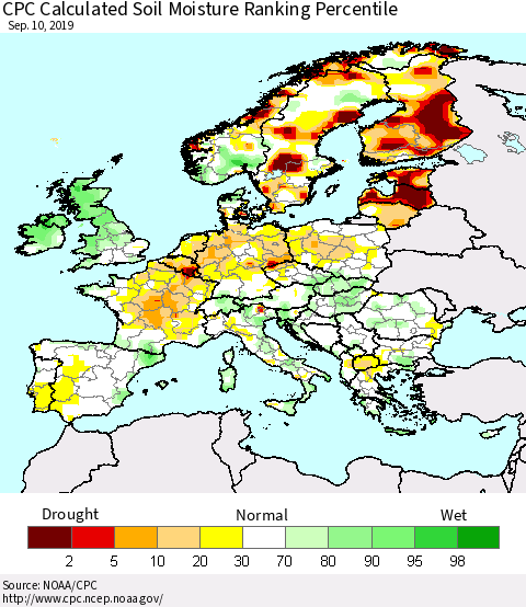 Europe CPC Soil Moisture Ranking Percentile (Leaky Bucket) Thematic Map For 9/6/2019 - 9/10/2019