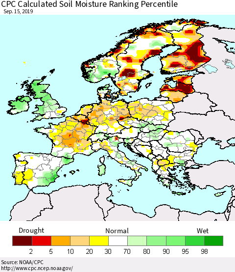 Europe CPC Soil Moisture Ranking Percentile (Leaky Bucket) Thematic Map For 9/11/2019 - 9/15/2019