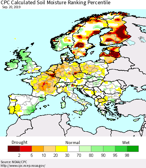 Europe CPC Soil Moisture Ranking Percentile (Leaky Bucket) Thematic Map For 9/16/2019 - 9/20/2019