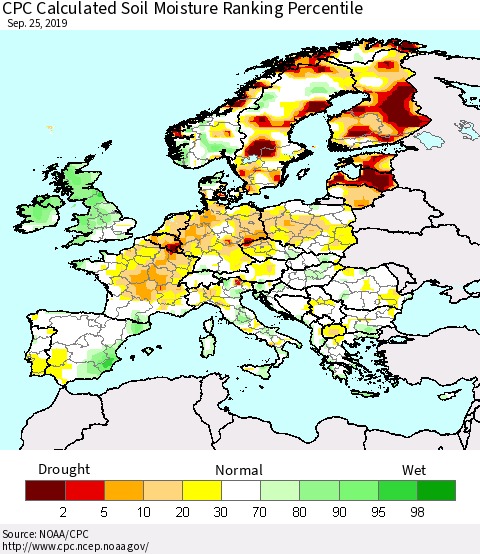 Europe CPC Soil Moisture Ranking Percentile (Leaky Bucket) Thematic Map For 9/21/2019 - 9/25/2019