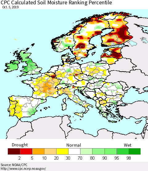 Europe CPC Soil Moisture Ranking Percentile (Leaky Bucket) Thematic Map For 10/1/2019 - 10/5/2019